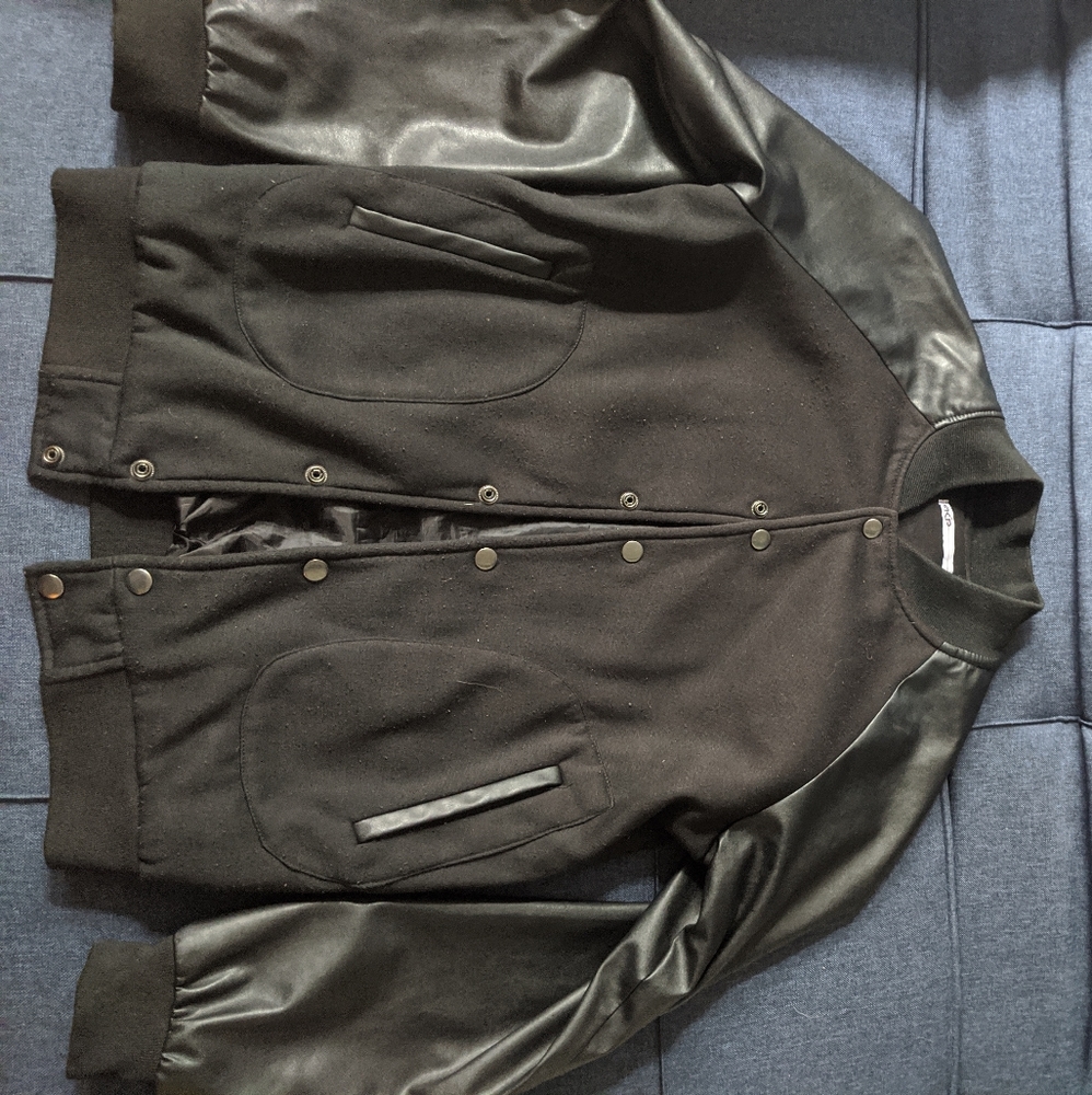 Letterman jacket with leather sleeves